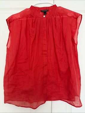 NWOT Women’s Banana Republic Bright Red Cap-Sleeve Mandarin Collar Linen Blouse